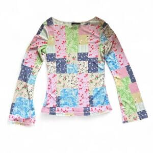 Y2k fairy coquette pink floral patchwork mesh long sleeve top CIDER wmns size S